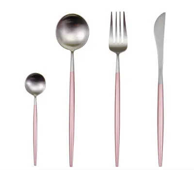 pink silver Горячая Распродажа, 4 шт. набор черных столовых приборов, посуда из нержавеющей стали, нож для стейка, вилка, чайная ложка, вечерние, подарочный набор кухонной посуды - Цвет: pink silver