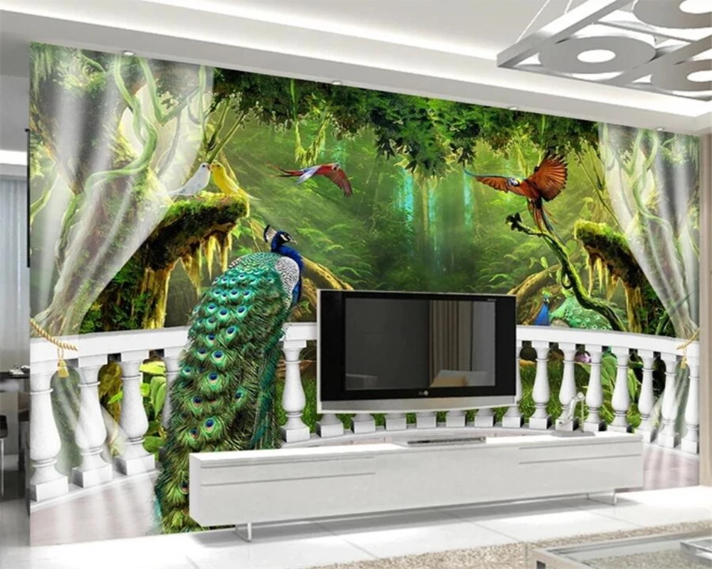 

Beibehang Wallpaper woods balcony peacock 3d TV background wall paper home decor living room bedroom 3d wallpaper background