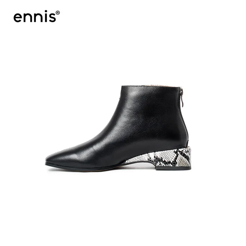 Black ENNIS/ г. Осенняя Дамская змеиная обувь женские ботинки из натуральной кожи на низком каблуке черные ботильоны белая модная повседневная обувь Новинка A9110 - Цвет: Black