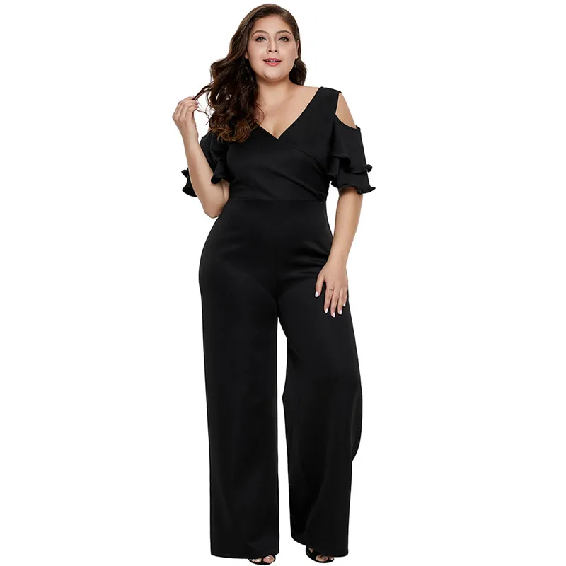 Черный комбинезон женский с v образным вырезом оборками коротким рукавом Летний