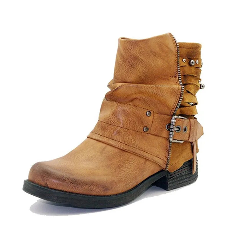 MVVJKE Handmade Rivet Leather Ladies Ankle Boots Winter Fashion Short Plush Zip Buckle Western Motorcycle Strap Punk E167 | Обувь