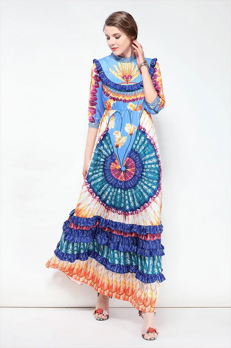 2018 Summer Runway Dresses Short Sleeves Beads Diamonds Print O-collar Ankle-Length Women's Dress Vestidos De Festa D1410 | Женская