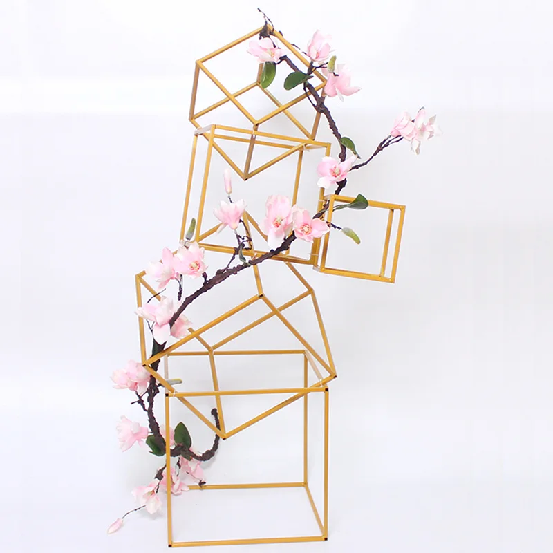 gold 1set add vine JAROWN креативный Мульти Стиль Геометрическая квадратная рамка Цветочный декор набор Железный художественный многоугольник Свадебный сценический реквизит оконный Дисплей Декор - Цвет: gold 1set add vine
