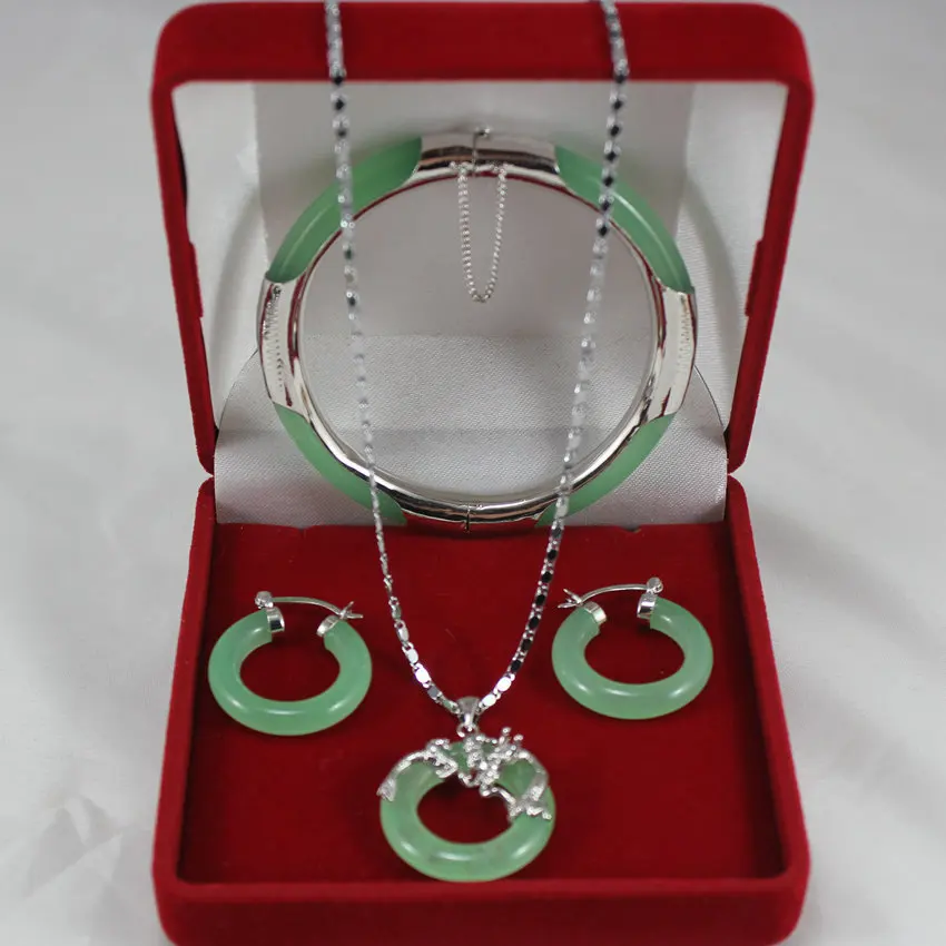 

noble light green Natural JADE bracelet 7.5", round earings, and dragon pendant for Christmas and valentine's day gift