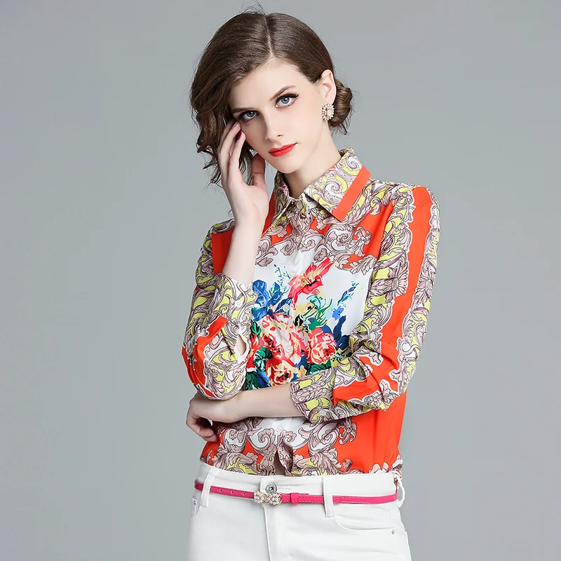 LUKAXSIKAX 2019 New Spring Autumn Women Long Sleeve Shirt High Quality Gorgeous Vintage Flowers Print Designer Runway |