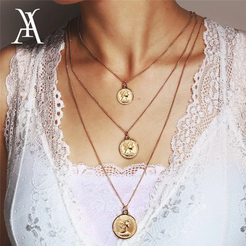 AY модное колье с узором в виде головы монетки винтажное многослойное длинное