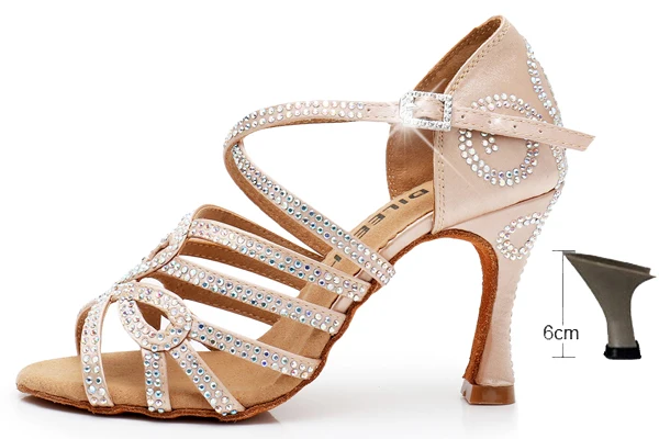skin heel 6cm DILEECHI Latin dance shoes double Rhinestone shining Skin Black satin women Ballroom dancing shoes Cuba heel 9cm New Arrival - Цвет: skin heel 6cm