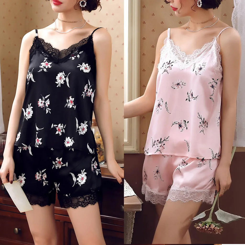 Sexy Sleeveless Nighties Sleepwear Silk Satin Hot Sale Women Lingerie Nightwear Underwear Short Set D300530 | Женская одежда