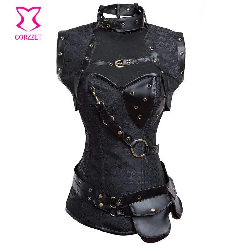 Black Gothic Bustier with Jacket Corselet Plus Size Corset Steampunk Clothing Korsett Women Steel Boned Corsets and Bustiers