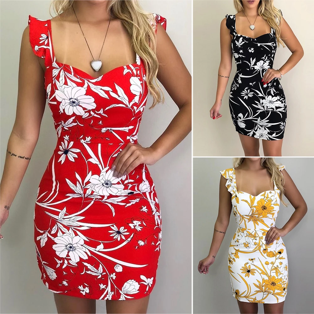 Women Dress Backless Party Floral Holiday Summer Elegant Mini Package Hip Fashion Slim Sexy Sling Ruffle Sleeve | Женская одежда