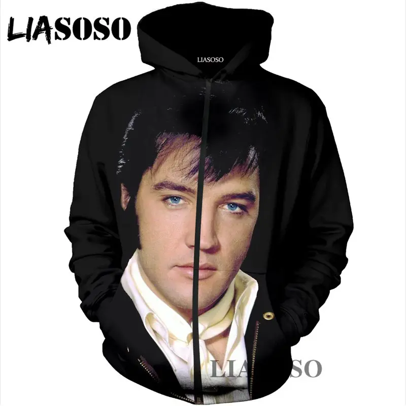 LIASOSO зима Harajuku Мужская и Женская толстовка на молнии с 3D принтом Elvis Presley пальто