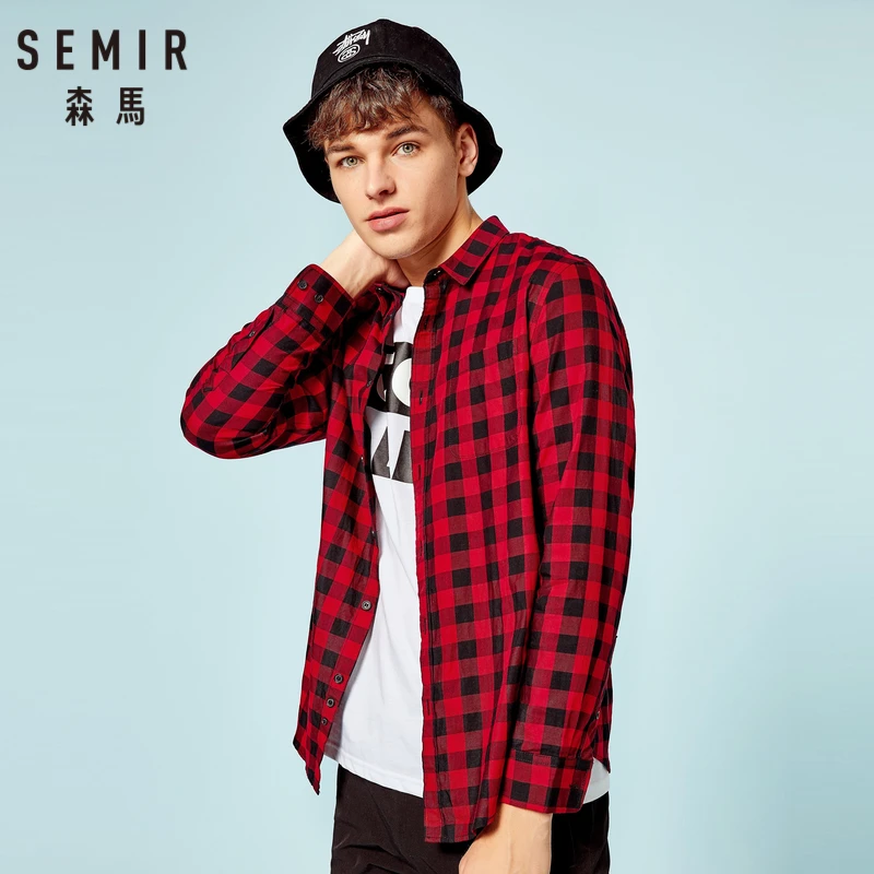 Мужская рубашка в клетку SEMIR из 100% хлопка с отложным воротником мужская длинными