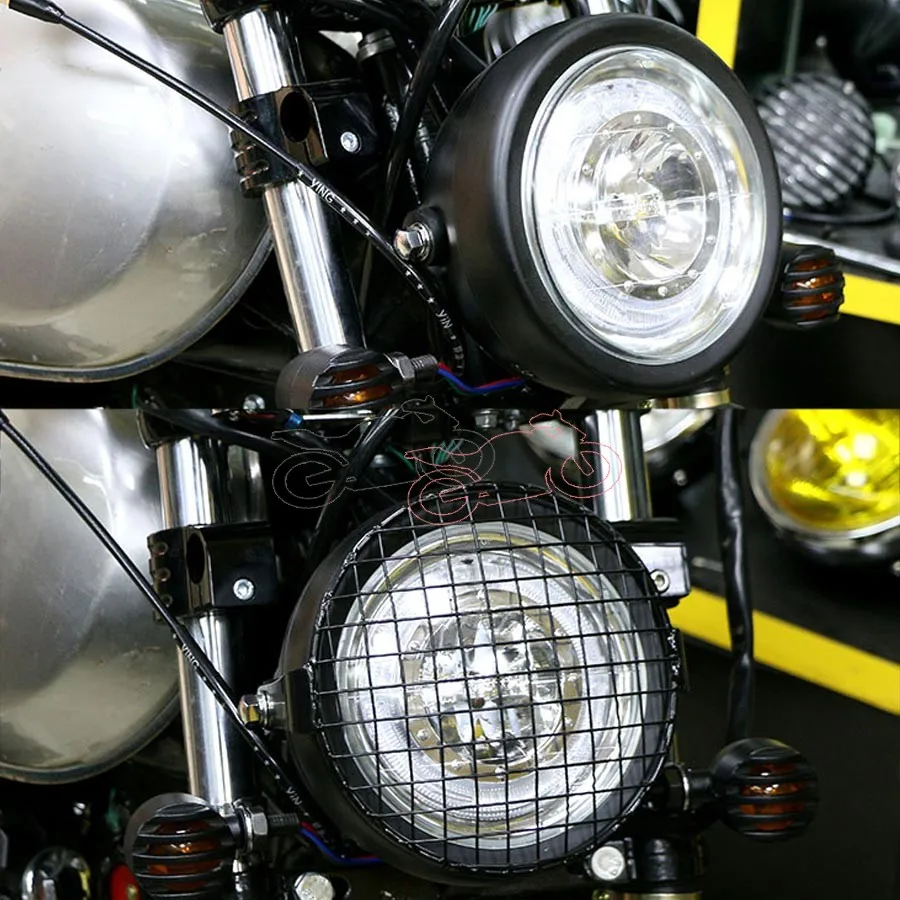 Motorcycle 35W 6.5&quot Blue LED Angel Eye Headlight Headlamp High/low Beam+Metal Retro Grill Mask for Honda Cafe Racer Yamaha |