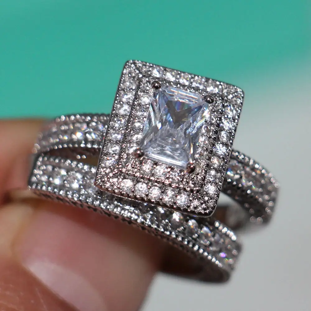 Винтажное обручальное кольцо с фианитом 4 карата 14 карат|ring set|princess cutwhite gold |