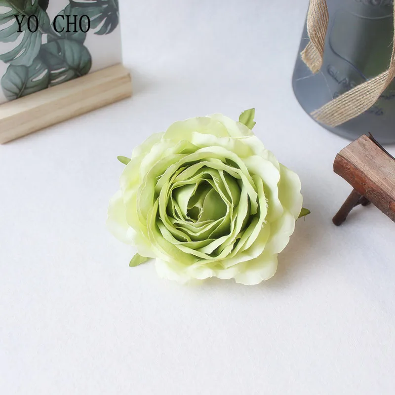 Green Йо Чо 9 см розы, искусственные цветы пионы из шелка красный, белый Искусственные головки цветов Свадебный Цветок Настенный декор для украшения дома - Цвет: Green