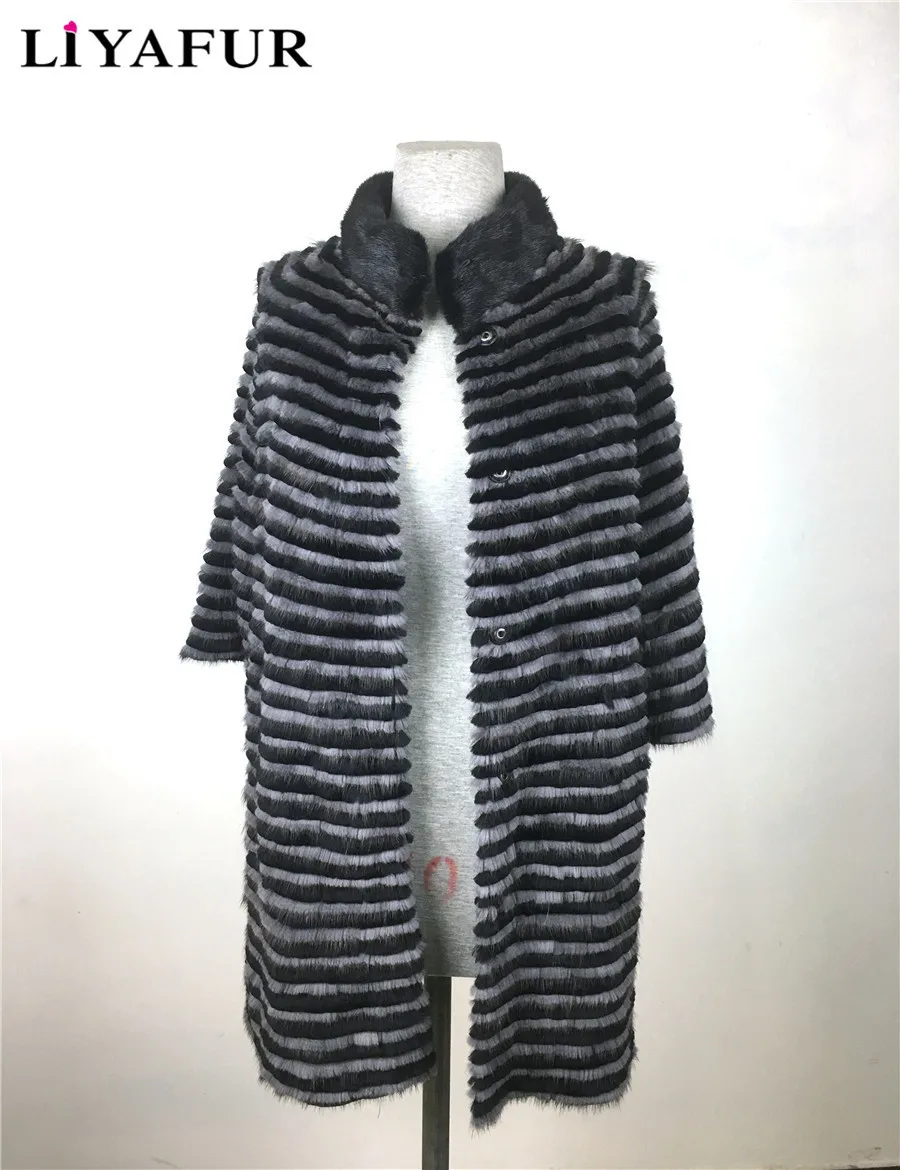LIYAFUR New Style Real Genuine Mink Fur With Rex Rabbit Stripped Long Coat For Women Natural Cardigan Lining Outerwear|mink fur|genuine minkreal mink