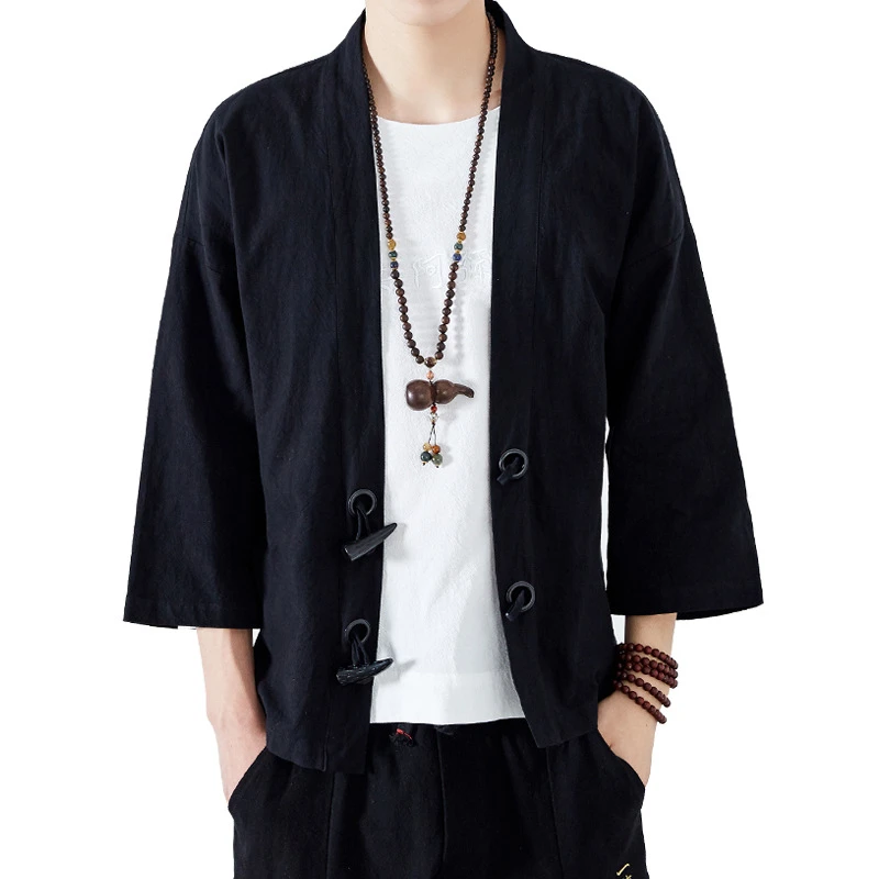 Мужское пальто в японском стиле Yukata кимоно с рукавом 3/4 и открытым стежком