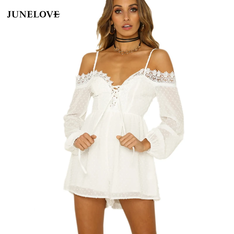 Женское винтажное мини платье JuneLove с длинным рукавом открытыми плечами и V