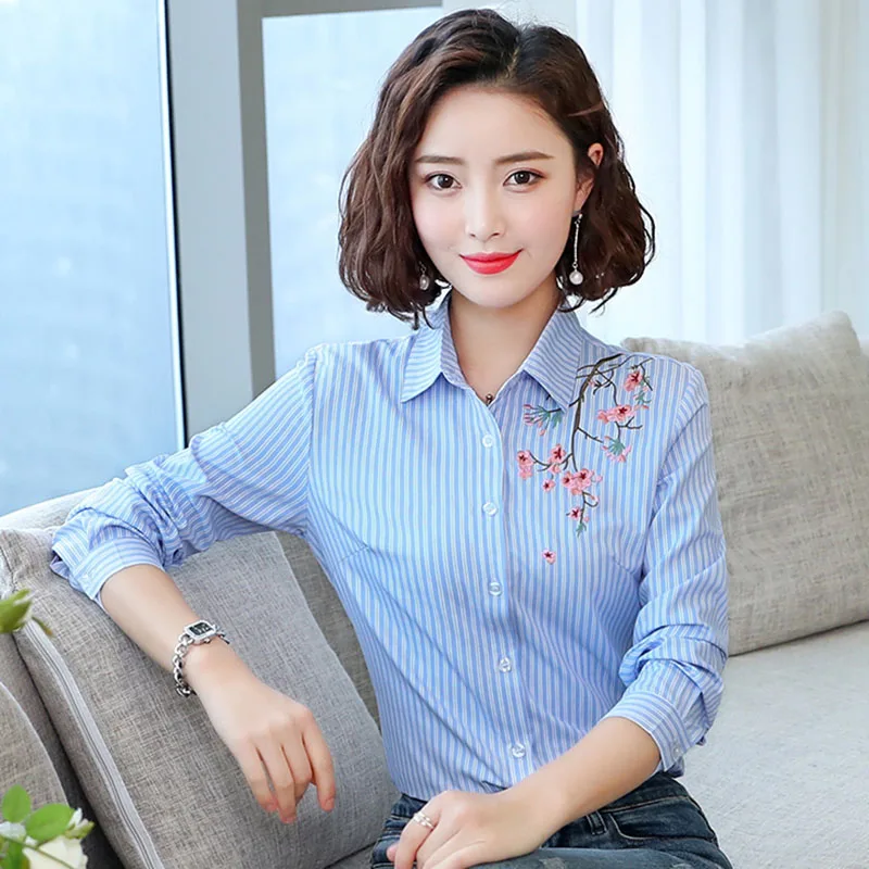 Классические женские повседневные хлопковые рубашки большие размеры S 4XL вышивка