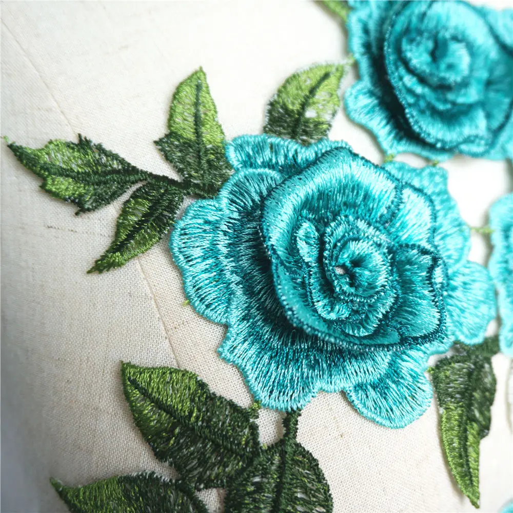 Ткань бирюзового цвета 3D цветы вышитая Свадебная аппликация кружевные нашивки