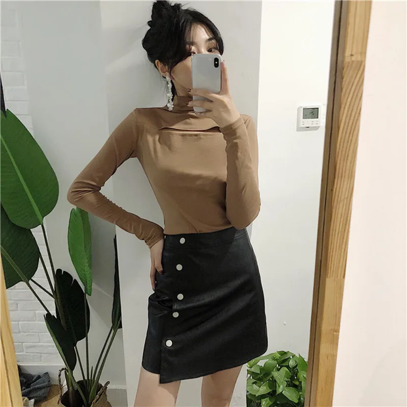 Mini Skirt 2018 Autumn Winter New Arrivals Khaki Black Leather Side Single Button Skirts Womens Korean Fashion Sexy | Женская одежда