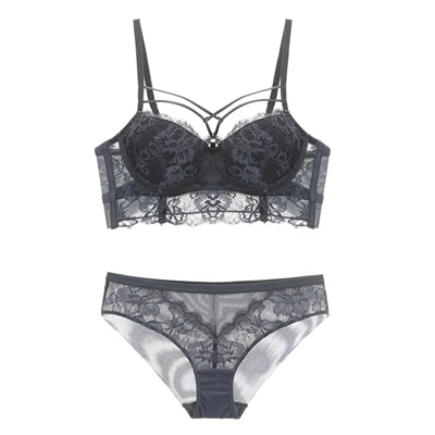 Sexy Lace Bandage Bra Broadside Push-Up Bra and Panties Set Lacy Underwear Sets Women Lingerie White Blue Black Brassieres - Цвет: Blue