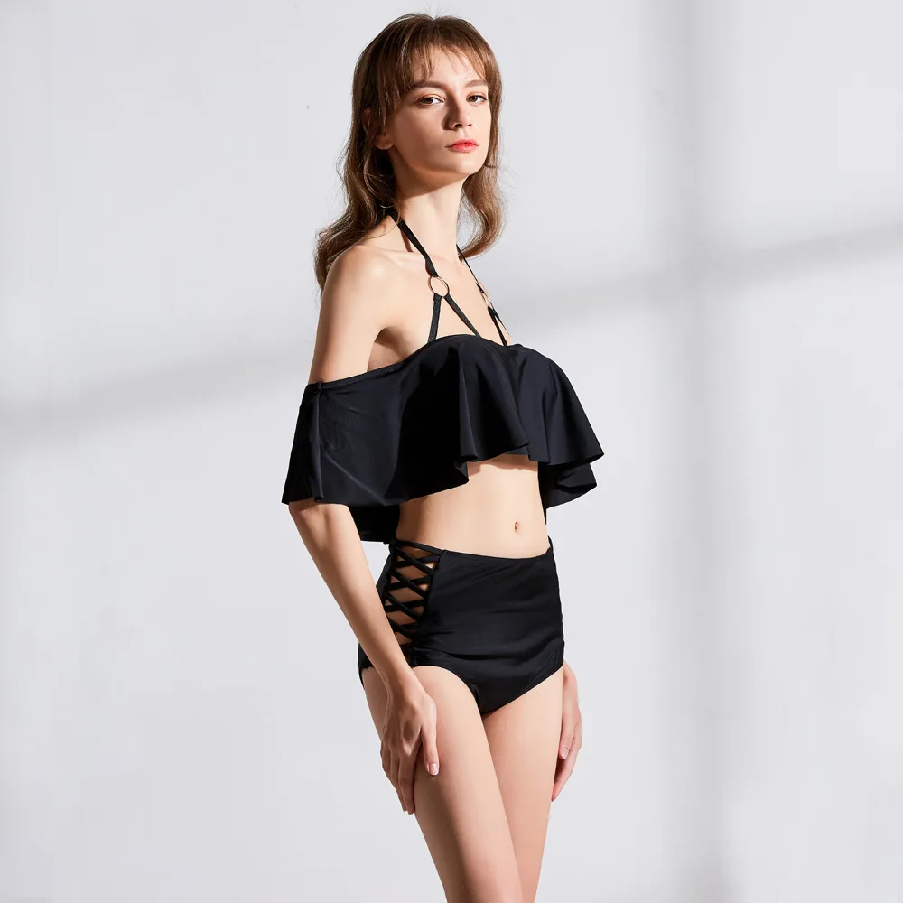 Новый сексуальный бикини с открытыми плечами Женский однотонный черный