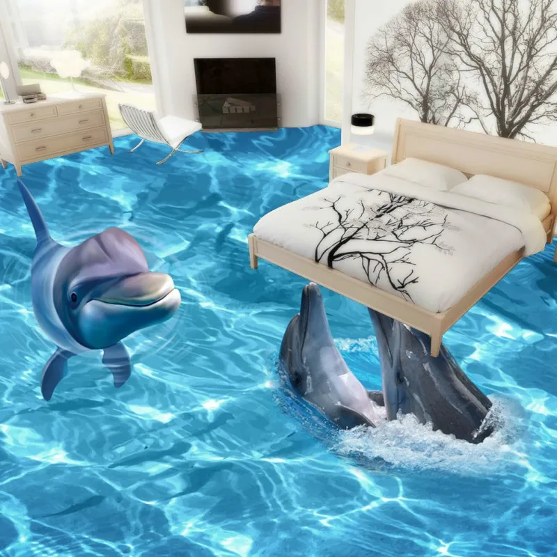 

Free Shipping 3D Stereo Seaworld Dolphin Ripple Bathroom bedroom bookstore aquarium non-slip Floor Painting wallpaper mural