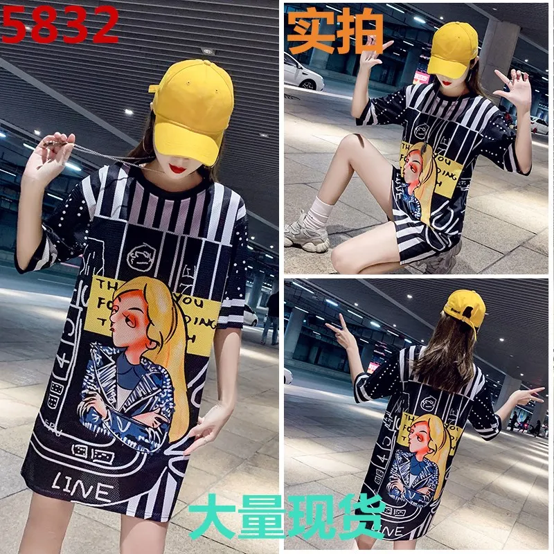 Summer short-sleeved dress female 2019 spring and summer new girl print mesh T-shirt long section quick-drying ice silk | Женская одежда