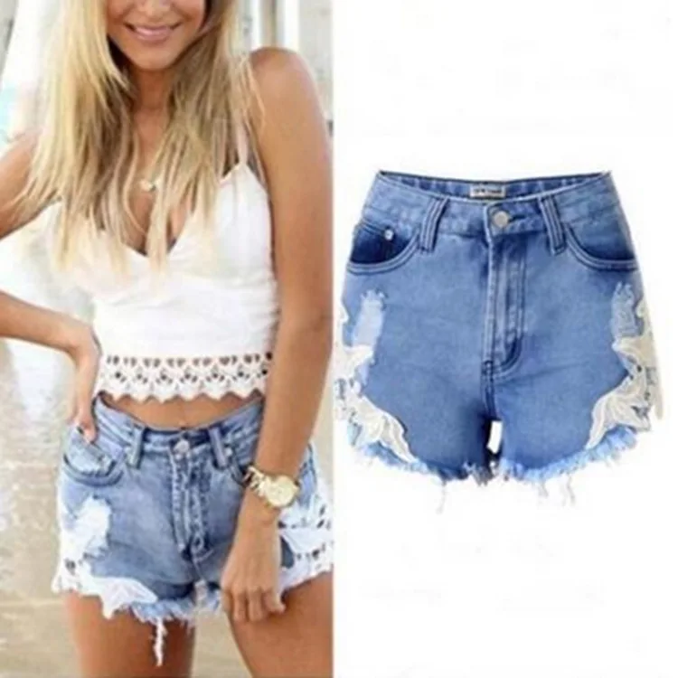 Women Jeans Shorts Mid Waist Button Fly Sexy Summer Blue Ripped Frayed Mini Denim Floral Lace Edge |