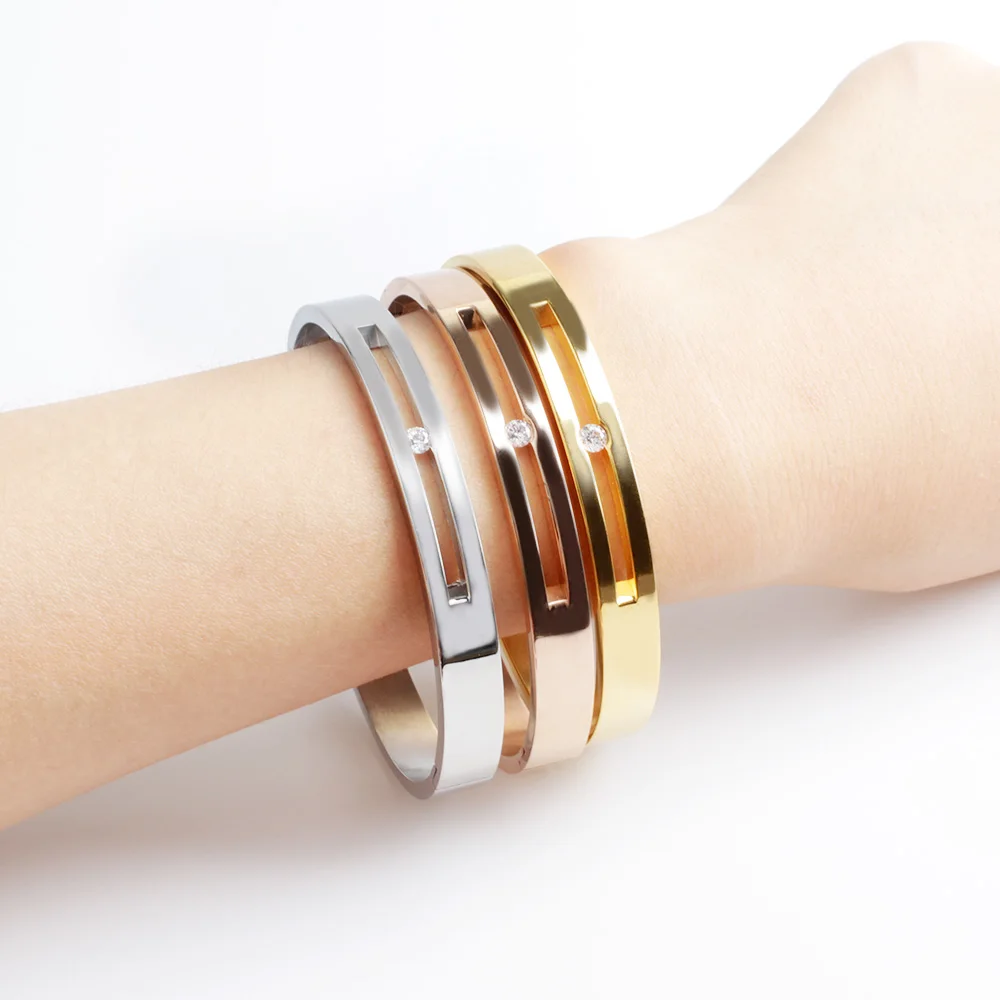 New FINE4U B047 316L Stainless Steel Cuff Bracelet For Women Tension Setting CZ Bracelets& Bangles 3 Colors Choices