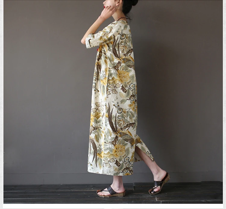 Женское винтажное платье из хлопка и льна длинное большого размера с принтом