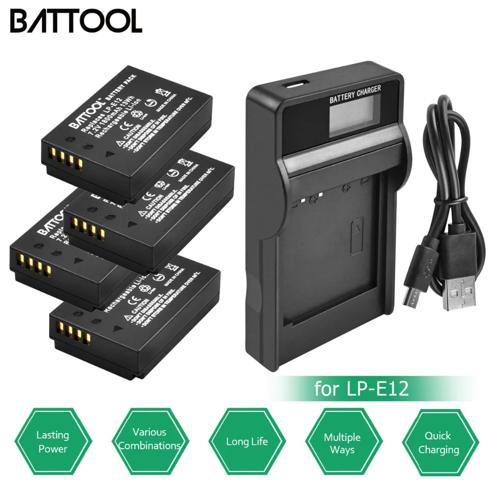 4 упаковки batcool LP E12 LPE12 батарея 7 2 В 1800 мАч + 1 USB зарядное устройство со светодиодной