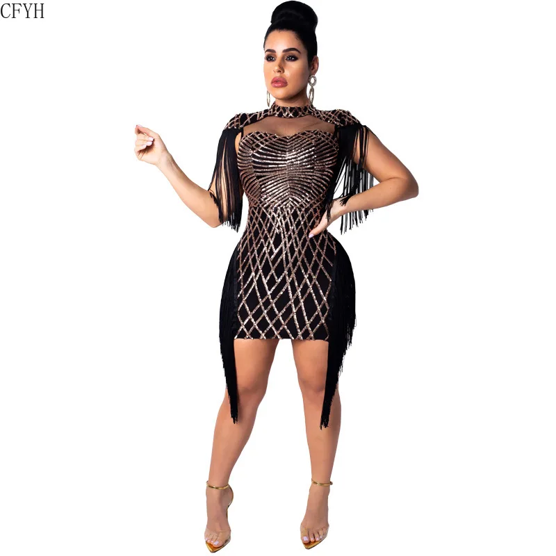 

Women Sequins Tassel Sleeve Side Cutout Stand Neck Sexy Midi Mini Dress Bodycon Bandage Club Party Dresses Vestidos