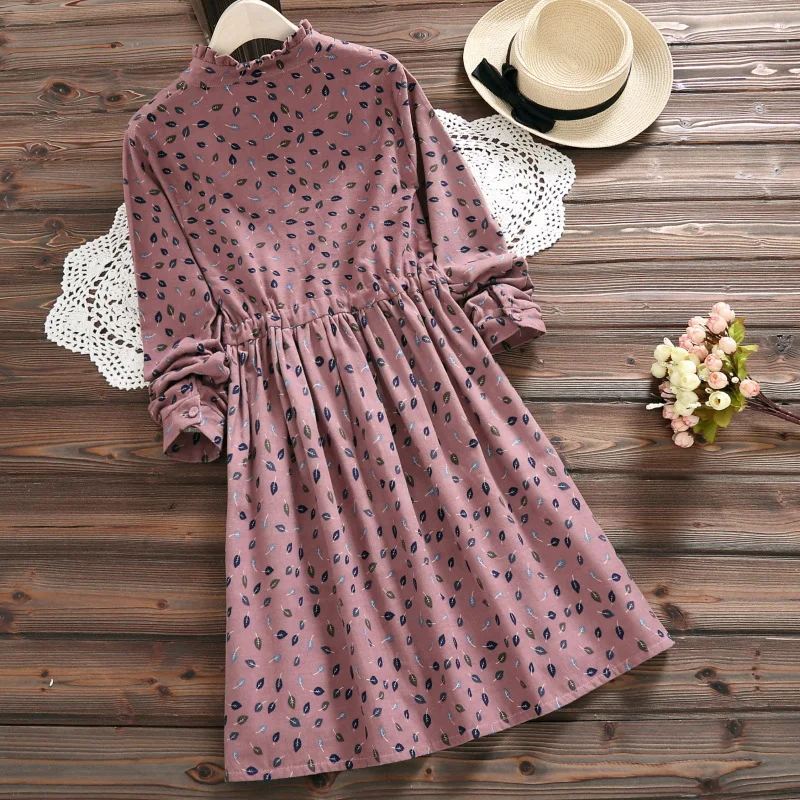Mori Girl Autumn Winter Women Warm Dress Stand Collar Leaf Print Cotton Ropa Mujer Full Sleeve Navy Blue Pink Elegant Mini | Женская