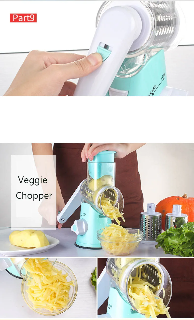 Manual Hand Safe Grater Vegetable Cutter Peeler Cutting Dicer Spiralizer Slicer Chopper 3 Interchangeable Round Rotary Blades