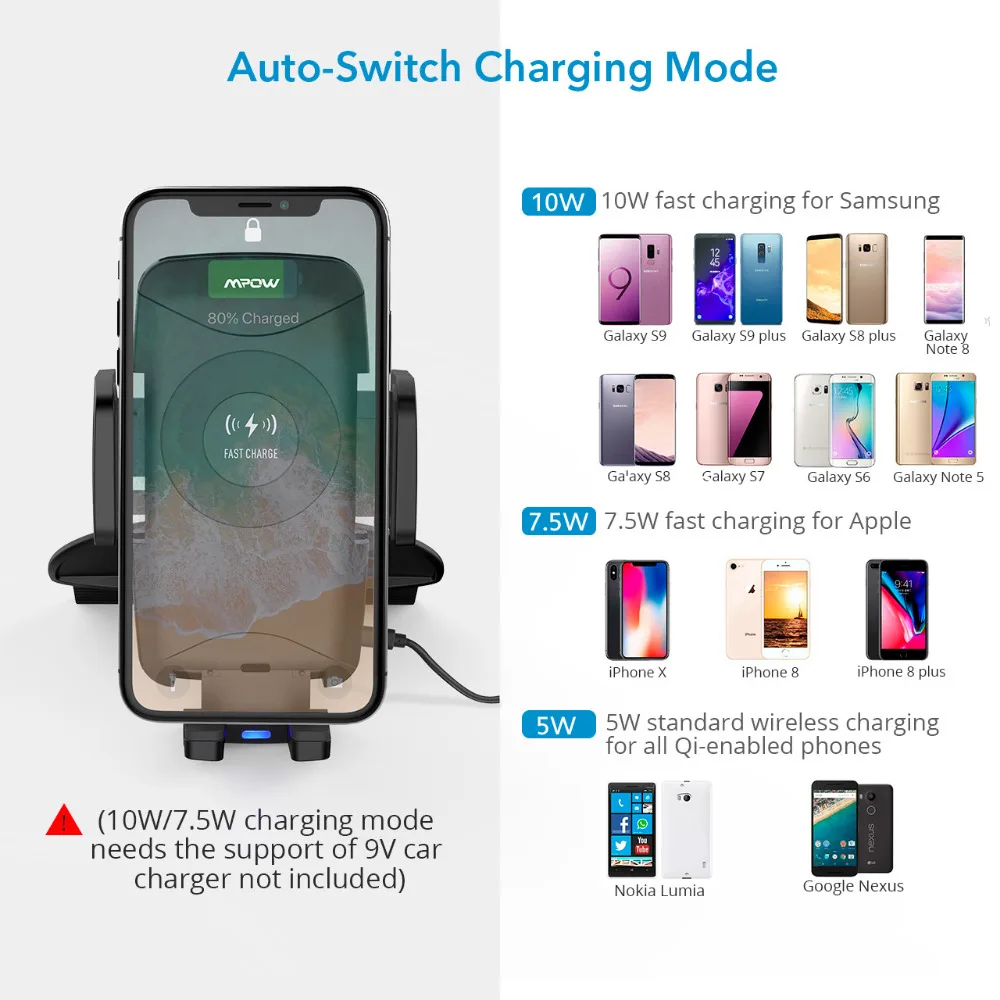 Mpow Qi Fast Wireless Car Phone Mount CD Slot 10W 7.5W 5W Auto Charging Powers For iPhone XR XS 8 8Plus Samsung S9 S8 S7 S6/edge |