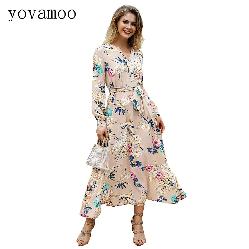 

Yovamoo 2018 Autumn Boho New Vintage Elegant Holiday European Floral Print V-neck Long Sleeve Women Flower Long Dress