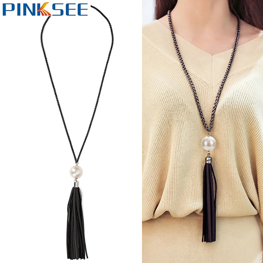 Винтажная Длинная цепочка Макси ожерелья PU кисточкой большой шарик кулон для