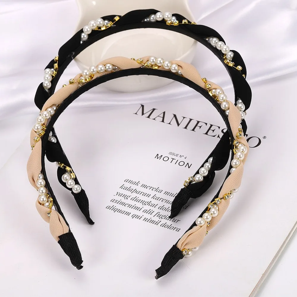 Best lady Trendy Handmade Simulated Pearls Hairband for Women Cute Girls Hair Jewelry Black Beige Korean Headband Wholesale | Украшения и
