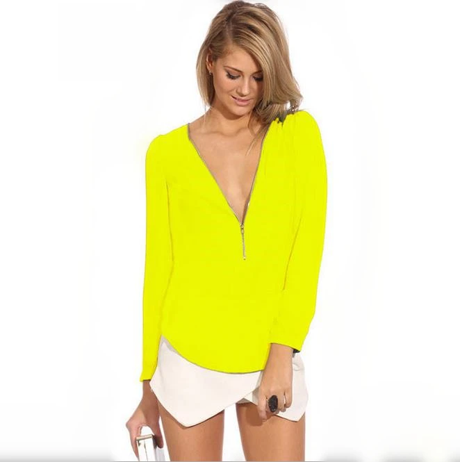 S013 Yellow CHSDCSI шифоновые блузки с глубоким v-образным вырезом сексуальные рубашки для женщин на молнии с длинным рукавом на молнии Рабочая Одежда Blusas Femininas Топы женские блузки - Цвет: S013 Yellow