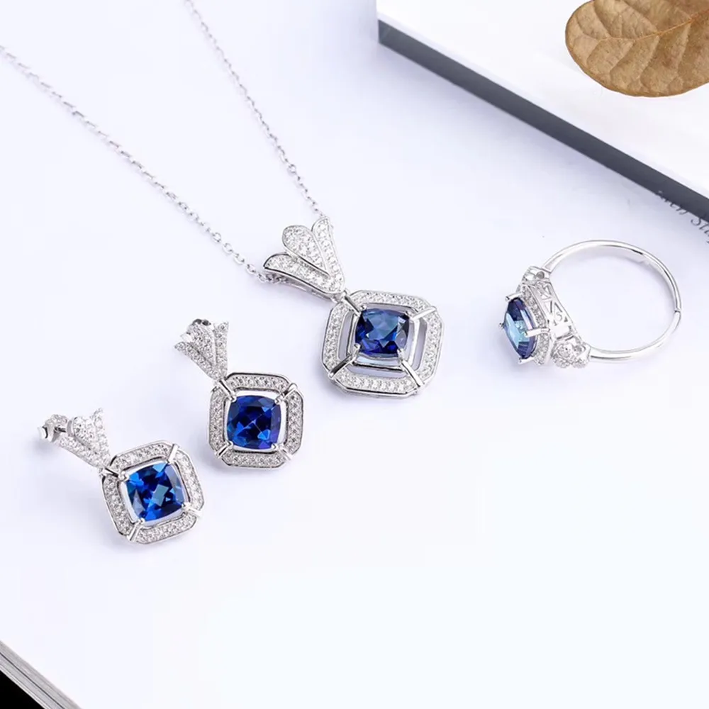 

jewelery wholesale new-designed 925 sterling silver natural blue topaz earring necklace pendant ring jewelry set for women