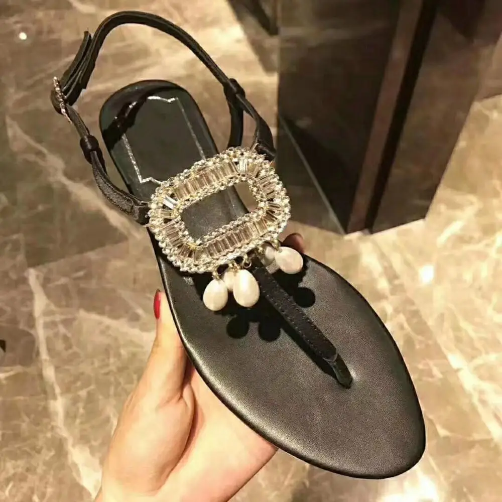 Сандалии женские на плоской подошве дизайнерские босоножки с кристаллами