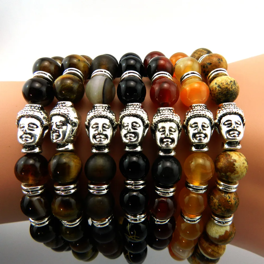 Бусины из натурального камня Серебряная голова Будды Браслеты для мужчин и