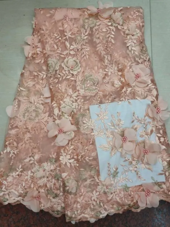 Модные фиолетовый Африканское кружево с бисером ткань 3D аппликация для свадьбы