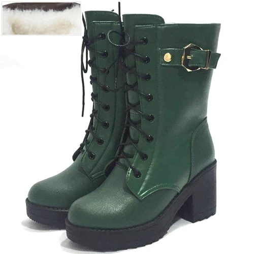 green wool AIYUQI; Новинка года; Модные Военные сапоги на высоком каблуке; женская зимняя обувь на платформе; женские сапоги; 1 пара; женские сапоги из натуральной кожи - Цвет: green wool