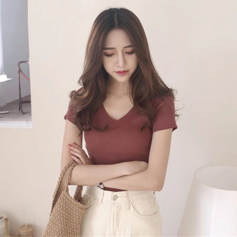 

Casual Summer V-neck Knit Tshirt Women Short Sleeve Sexy Slim Top Jacket Girl Female Basic Tops Tee