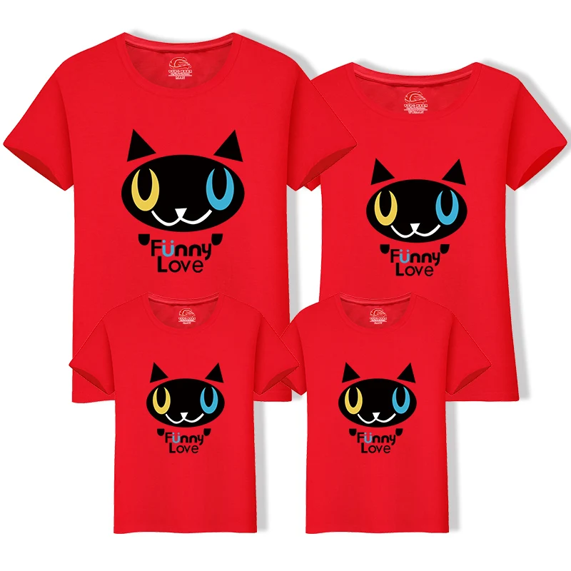 Cotton Father Daughter Matching t Shirt Mom Dad Big Size Tee Black Cat Cartoon Family Clothing Outfits | Мать и ребенок