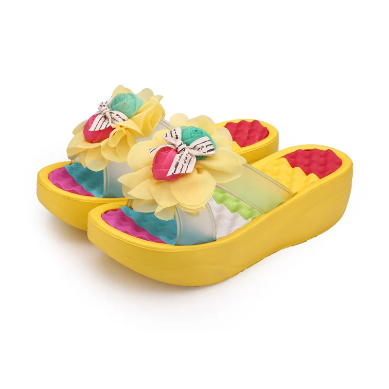 Yellow 03 EOFK/Для женщин богемные шлепанцы на плоской платформе летом цветочный дизайн женские пляжные шлепанцы удобные Повседневные шлепанцы Для женщин - Цвет: Yellow 03
