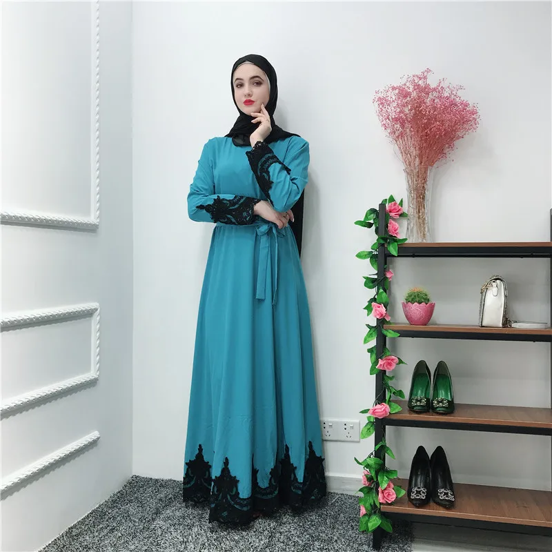Мусульманское кружевное Макси платье abaya длинные халаты с поясом Туника jilбаб